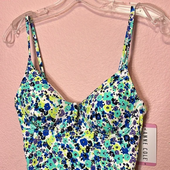 Anne Cole Ladies Tankini Swim Top Blue Ditsy w/ Purple. Size S - Picture 4 of 11